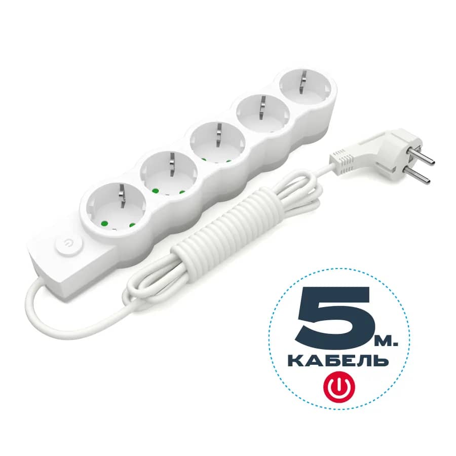 Подовжувач ELECTRUM 5 розеток 5 м з вимикачем і заземленням Білий (C-ES-1547) - 209753