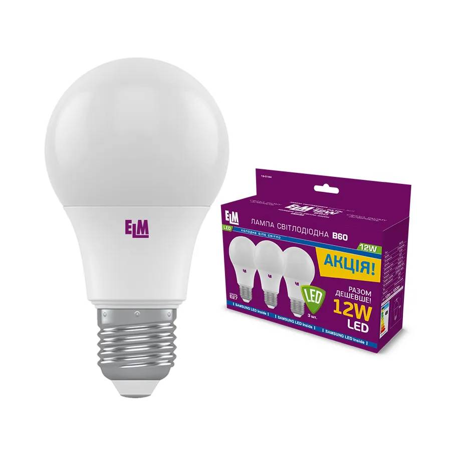 Лампа світлодіодна ELM B60 12W PA10S E27 4000K 3шт. (18-0184) - 227061